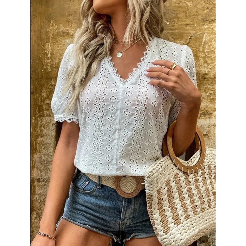 

Summer New Elegant Lace Spliced Hollow Solid Shirt Office Lady Fashion V-neck Puff Sleeve Leisure Pullover Blouse Femme Tops