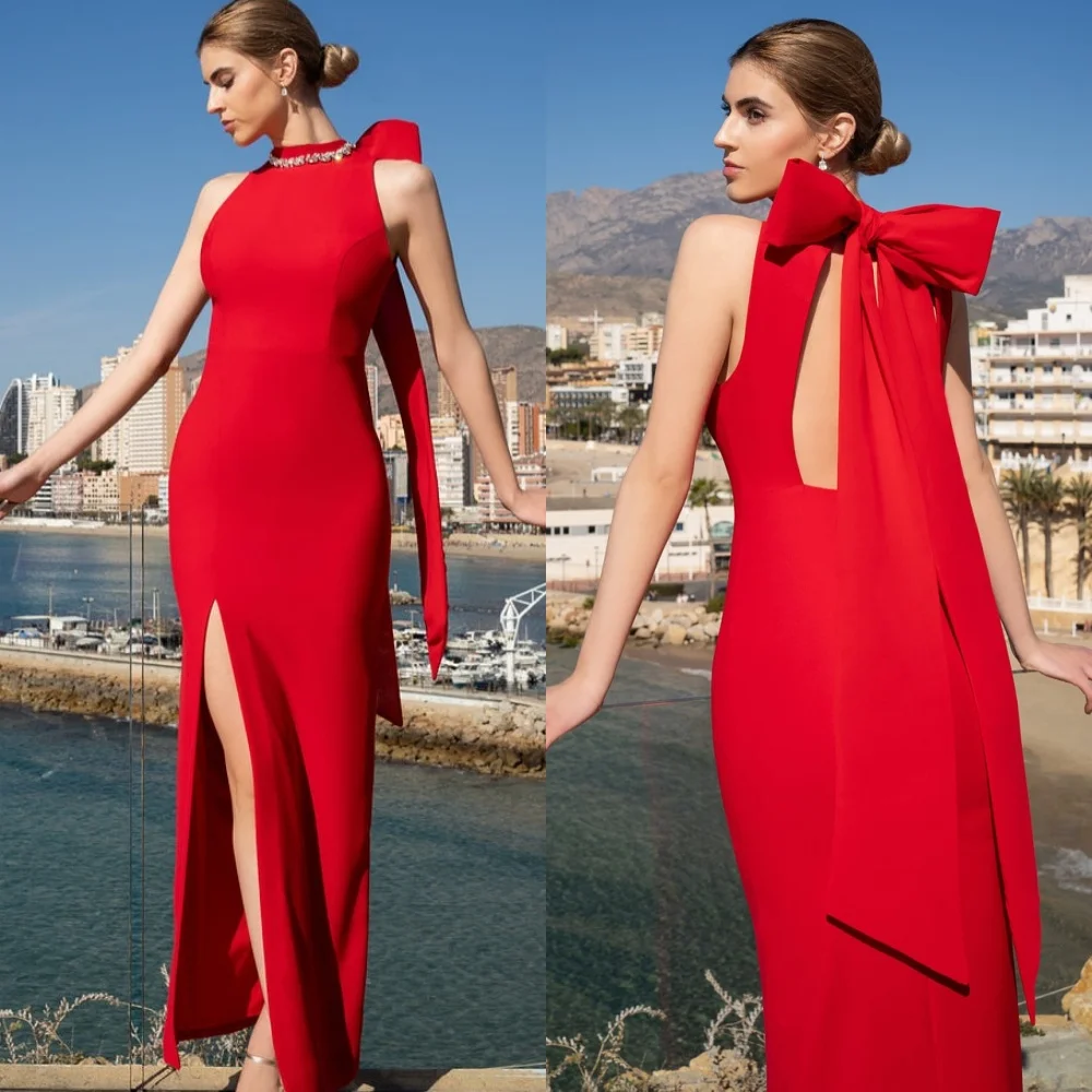 

Customized Matching Fashion Jersey Rhinestone Bow Mermaid High Collar Ankle Length Dresses Bespoke Occasion Dresses Modern Style