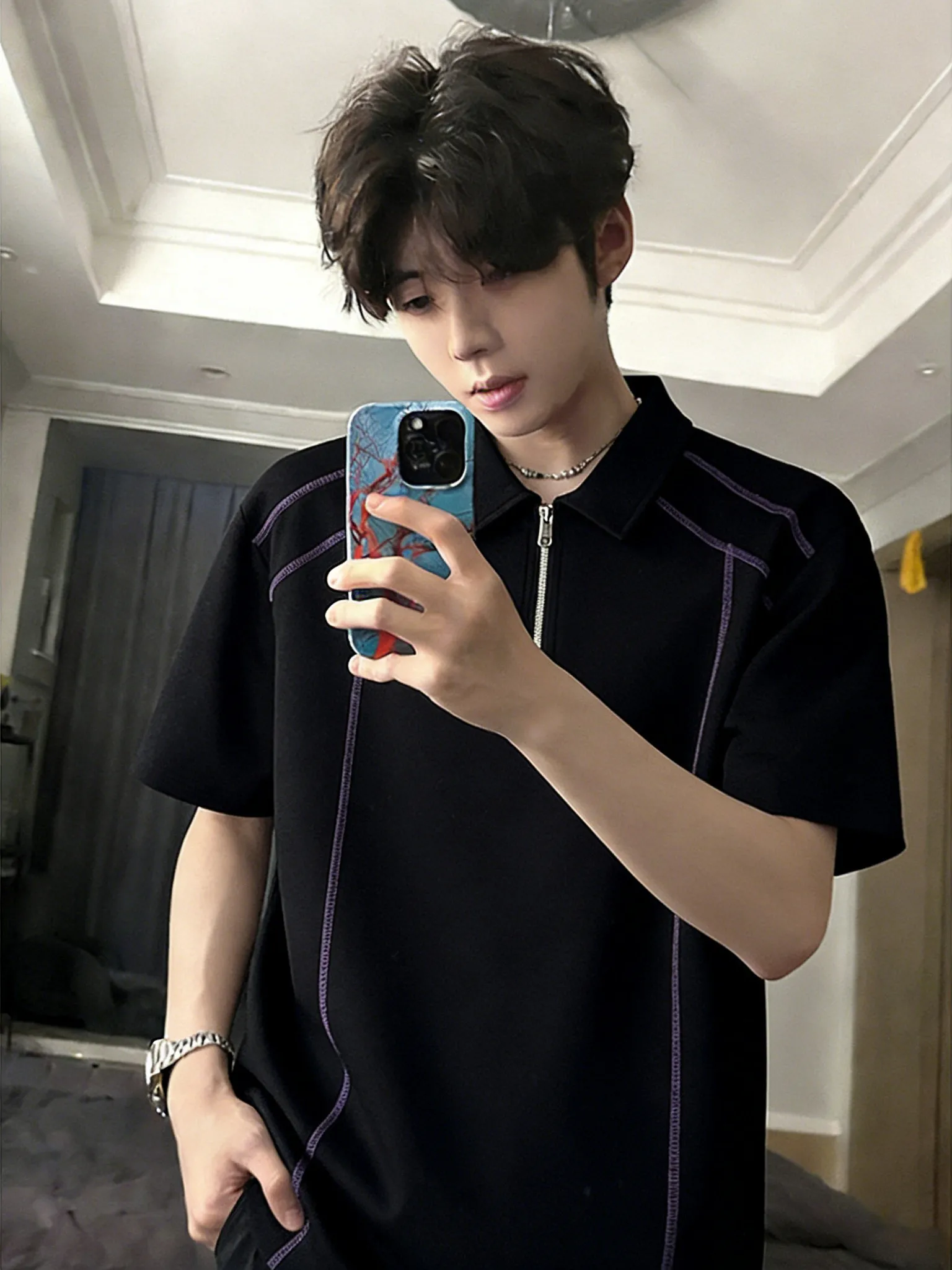 

Bla Hsu Line Men's T-irt f Sve Patchwork Bright Stitching Design Deconstruction Casual Comfortable Breathable