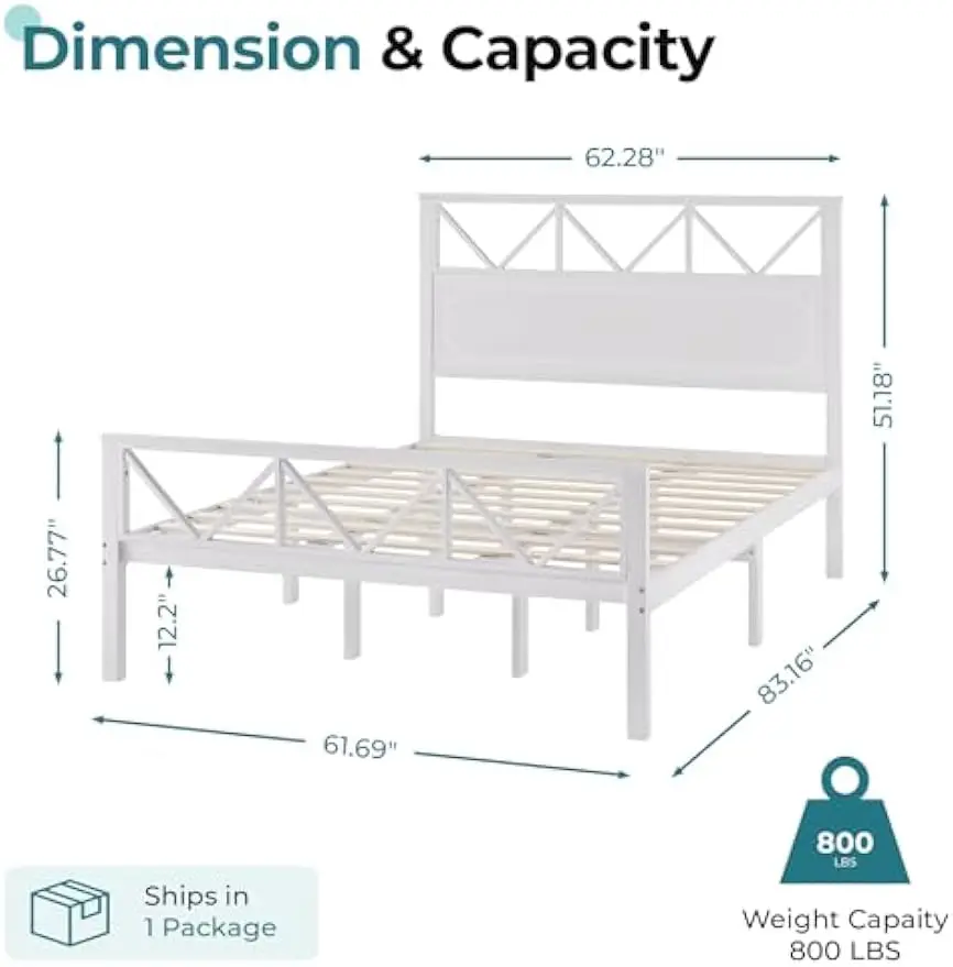 Frame Queen with Headboard - White Bed Frame Queen with 12-inch Underneath Storage, Queen Size Platform Bed Frame, Rubberwood, H