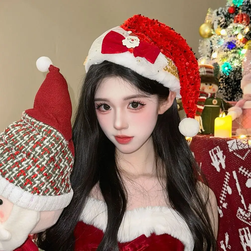 Merry Christmas Decoration Christmas Sequin Hat Bow Snowflake Elk Deer Cap Green Red Korean Style Red Plush Hat New Year Gift