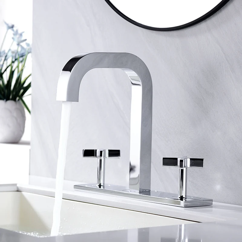 

Deck Mounted 8 Inch Widespread Bathroom Sink Faucets Modern Three Hole Vanity Sink Faucet 2 Handle Hot and Cold Mixer Taps