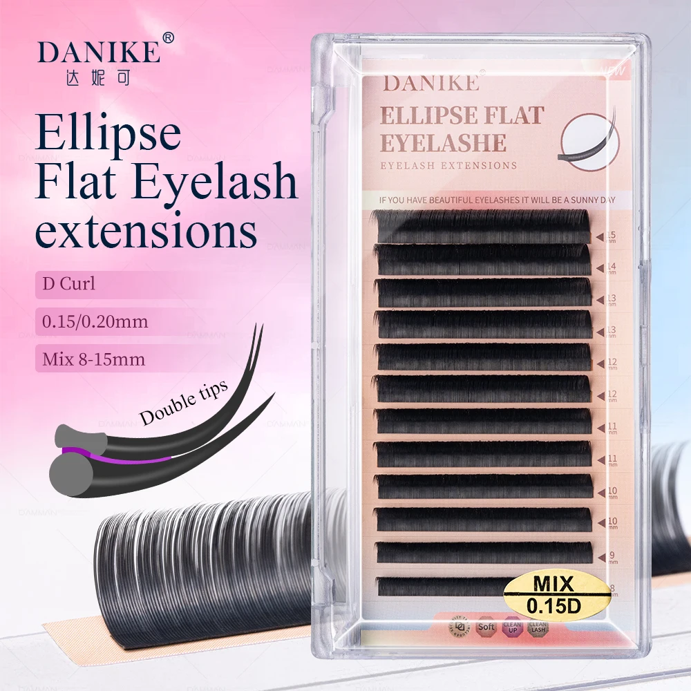 2Pcs DANIKE 0.15/0.20mm Ellipse Flat Lashes Extension Light Weight Double Tips Fake Eyelash MIX 8-15mm Matte Black Natural Lash