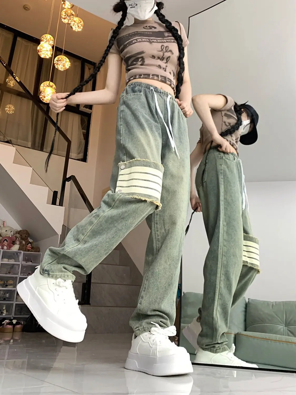 Jeans Four-Stripe Patchwork Slim Fit Women'S American High Street Retro Elastic Waist High Waist Versatile Simple Trendy Pants