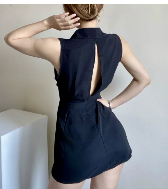 فستان نسائي جديد أوروبا وأمريكا مثير بدون ظهر وصدر واحد بدون أكمام وطية صدر السترة #3