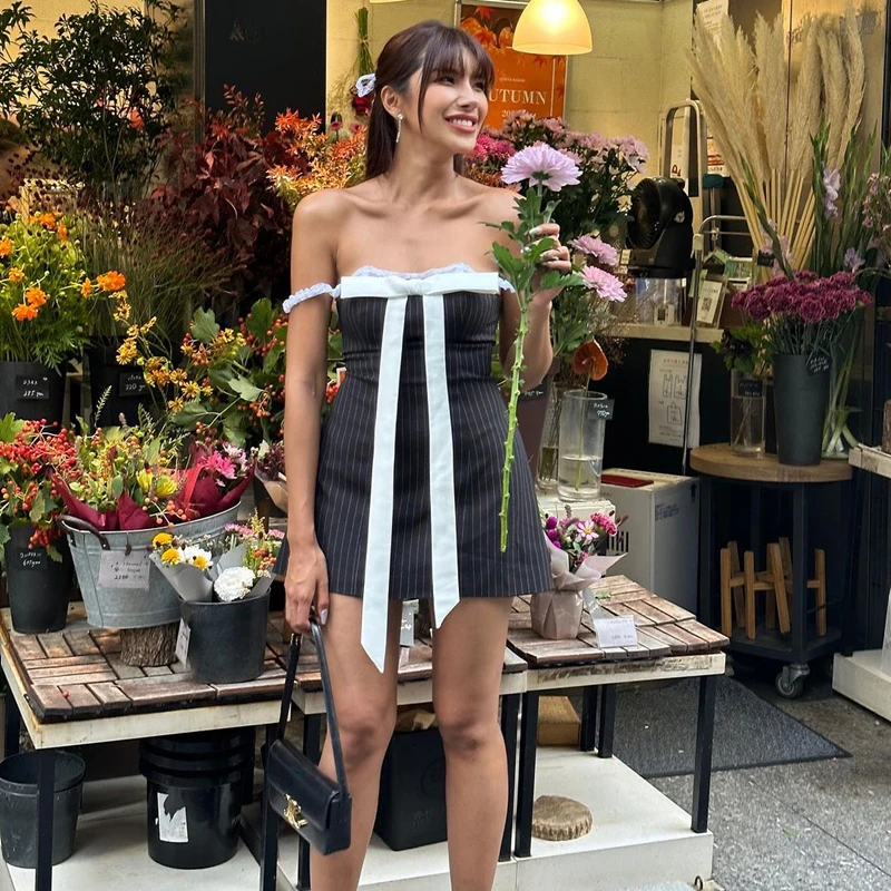 Candyhot Elegante Gestreepte Off-Shoulder Mini-Jurk Y 2K Kanten Patchwork Mouwloze Jurken Zomer Prom Party Club Vestido