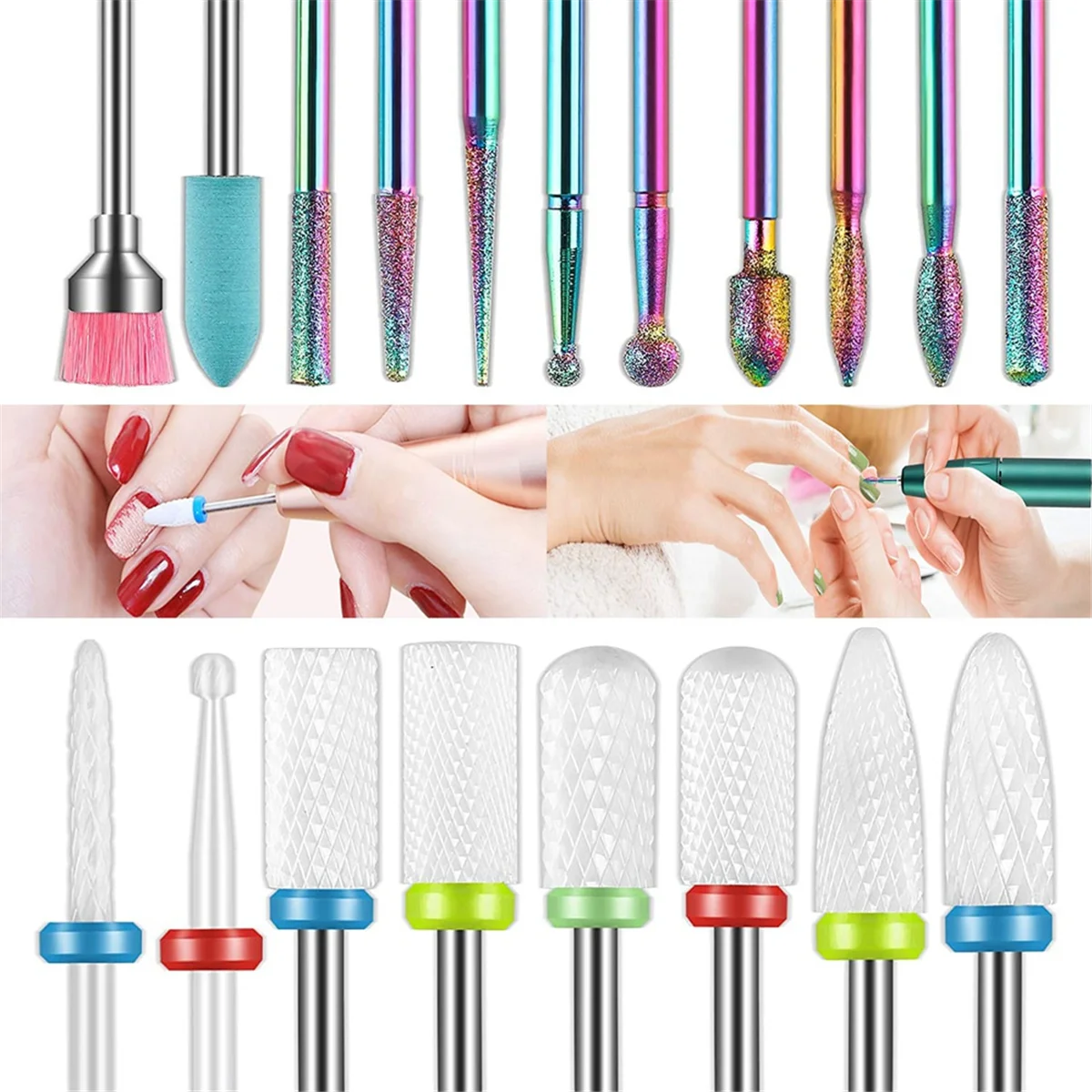 19pcs Nail Drill Bits Sets, 3/32 Inch Diamond Cuticle Electric Nail File and Ceramic Acrylic Gel Nail Bit Kit, Acrylic