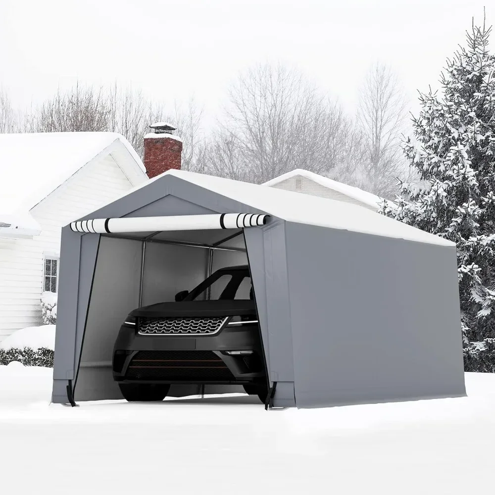 10x16Ft Carport with Reinforced Triangular Beams, Galvanized Steel Frame, 2 Removable Doors, Heavy-Duty All-Season Metal Garage