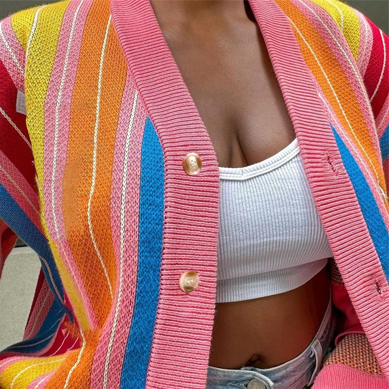 Sexy Colorful Stripe Print Long Sleeve Cardigan Top Women Single Breasted Casual Sweaters 2023 Fall Winter Birthday Clothes