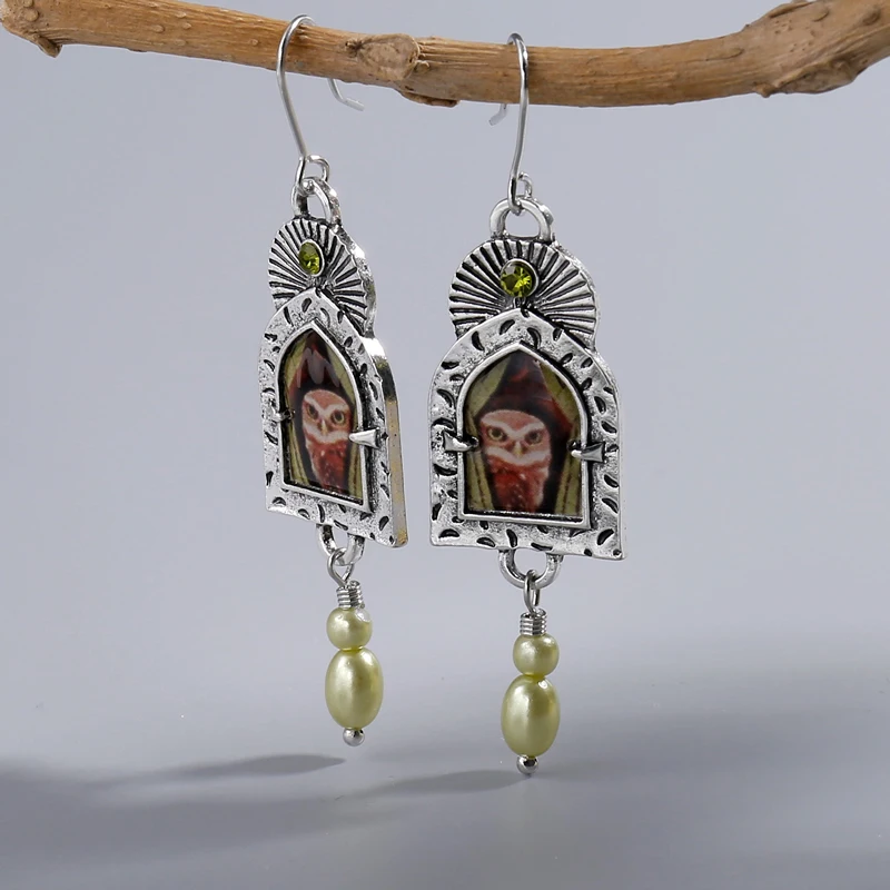 Owl Women's Long Earrings in a Retro Ethnic Style Photo Frame with Alloy Appearance and Pearl Pendant