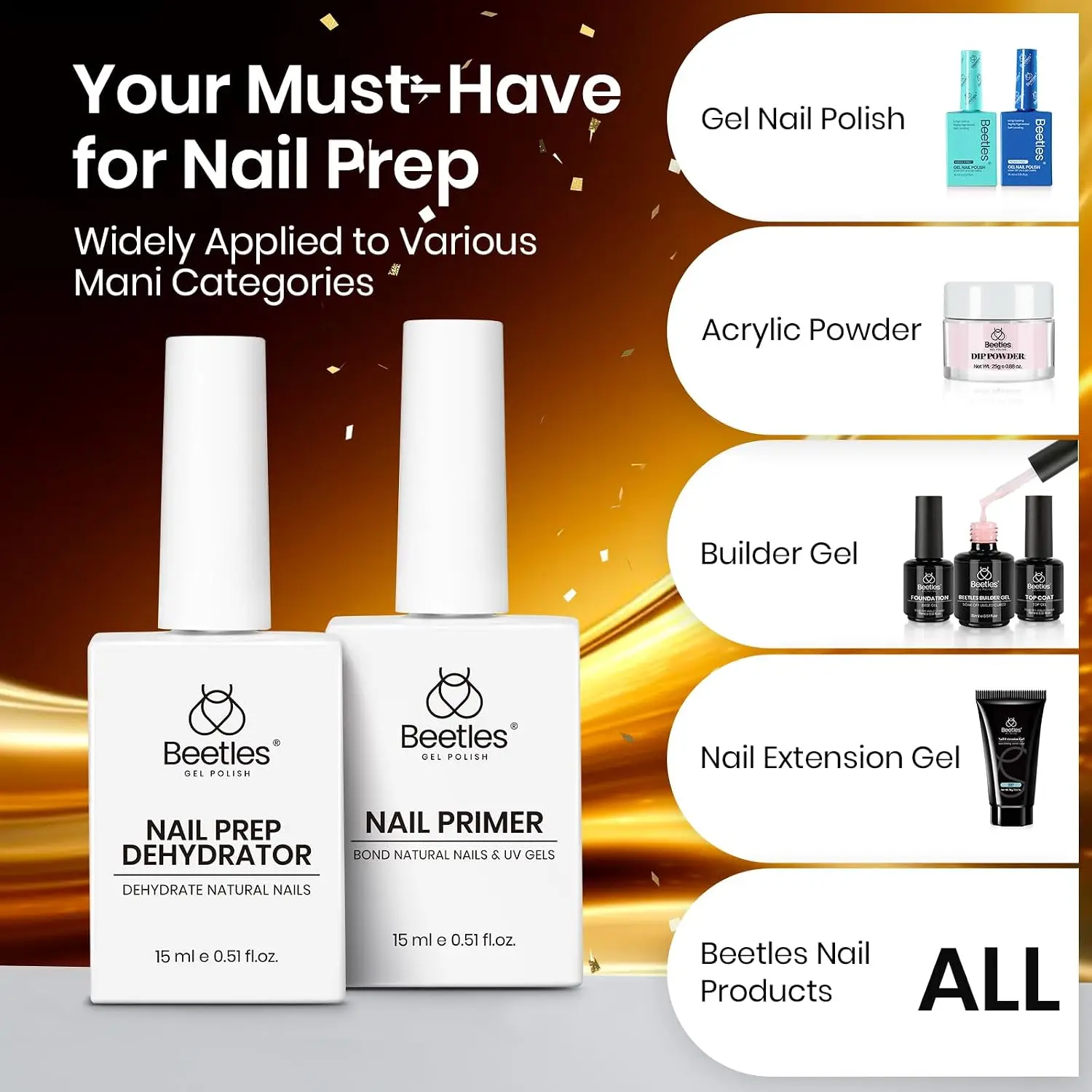 Beetles Nail Dehydrator and Primer Set HEMA Free No Lift Strong Bond Nail Prep for Gel Polish Acrylic Nails 15ml Safety