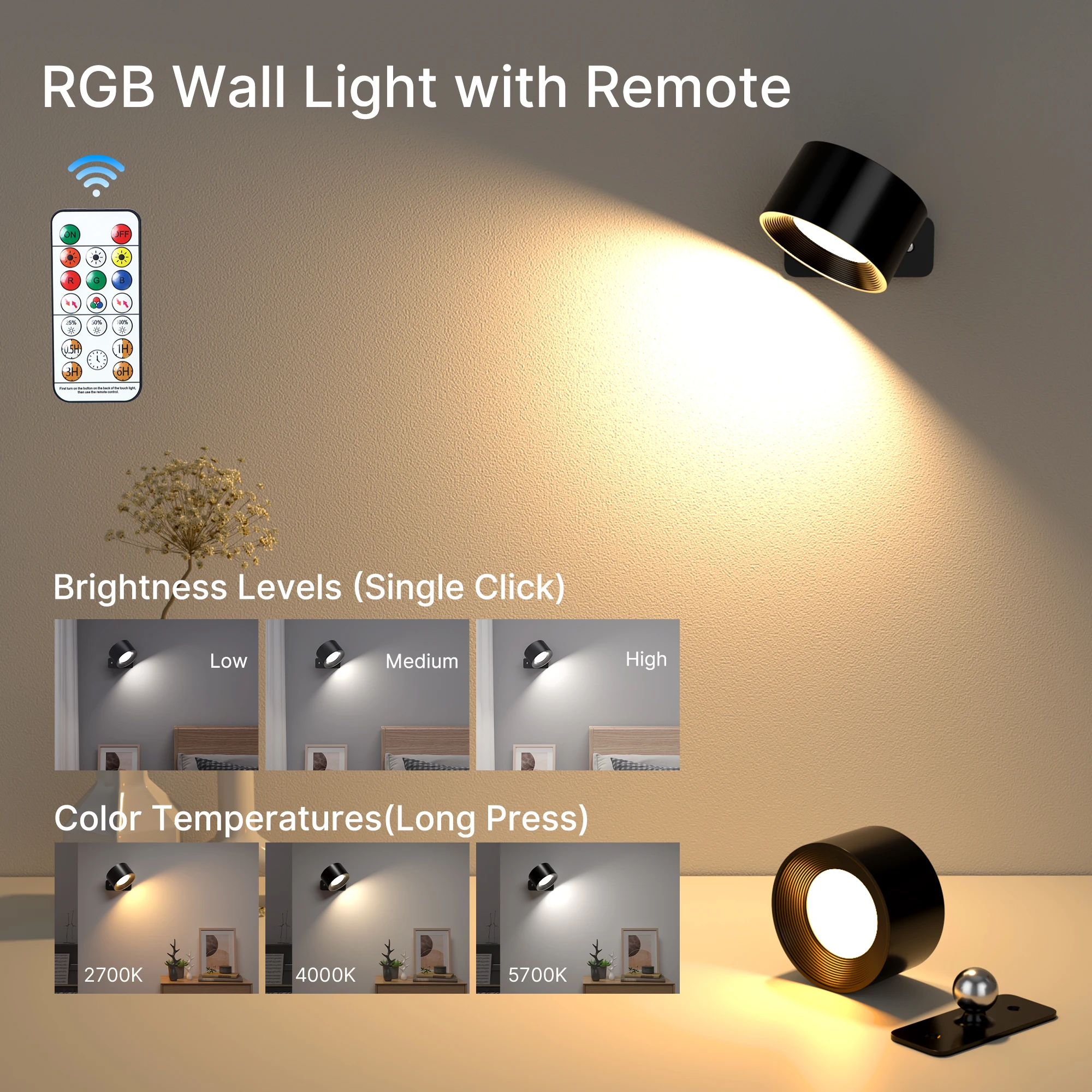 LED Wall Sconce 19 RGB Colors Dimmable, Rechargeable Wall Sconces Battery Operated Picture Light, Touch & Remote Control, 360° R