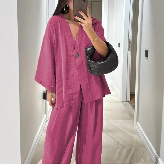 

One Button Shirts Solid Pants Set Loungewear Women Full Sleeve V-neck Shirt High Waist Loose Pant Soft Set 2025 Office Lady Suit