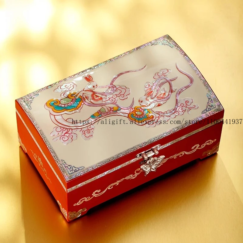 Mother-of-Pearl Jewelry Box Wedding Engagement Gift Bridal Dowry Chest Bracelet Ring Storage Chinese Lacquer Jewelry Organizer
