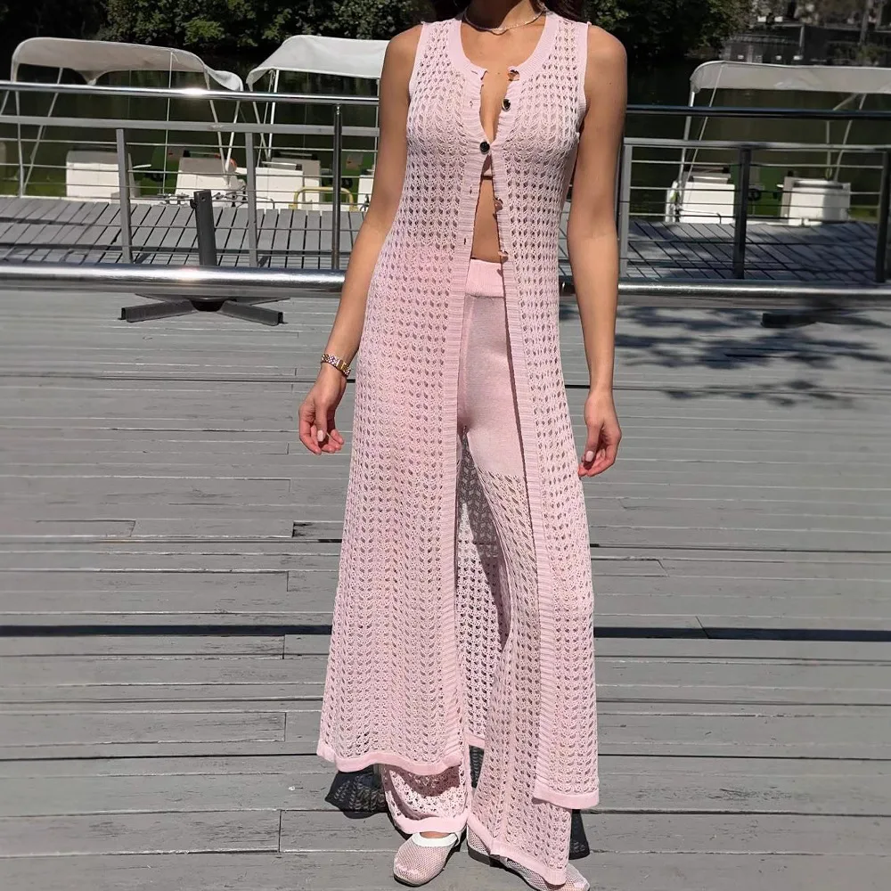 

Fashion Hoodie Hollow Tank Top Cardigan Beach Top Knitted Dress Sexy Perspective Pants Two Piece Set 2025 Summer