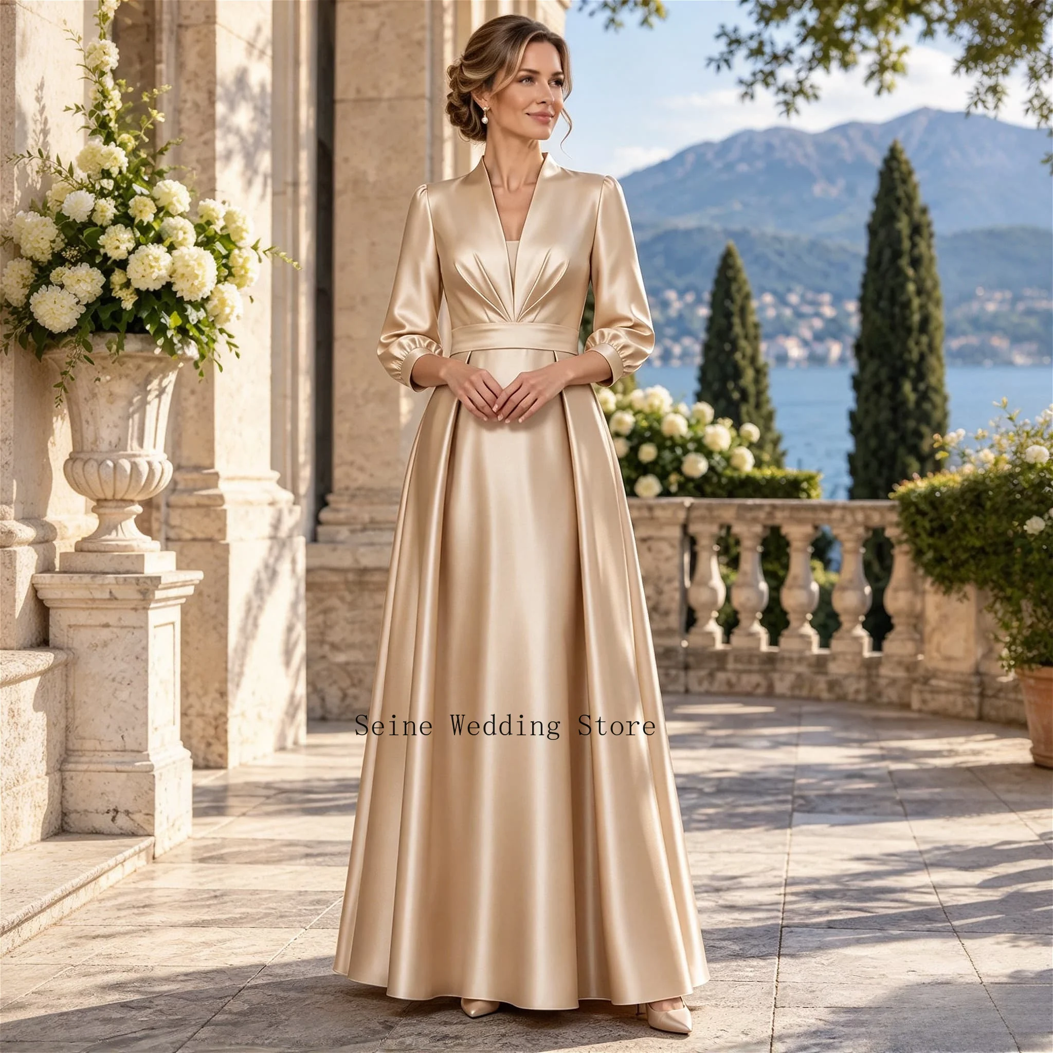 Customized Champagne A Line Satin Evening Dress with Pleated V Neck Three Quarter Sleeve Floor Length Formal Wedding Party Gown
