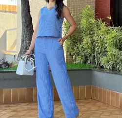 Elegant 2-Piece Sets for Women French Blue Striped Sleeveless Top Loose Pocket Straight Leg Pants Casual Daily Women's Pants Set