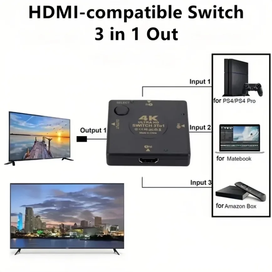 3 Port HDMI-compatible Switch 3 Input 1 Output Switcher Selector HD 4K HDMI-compatible Video Switches for PS4/3 TV Box HDTV PC