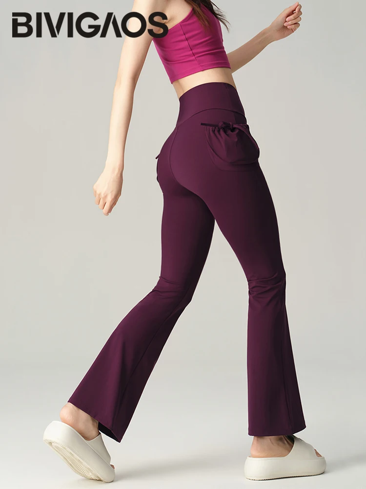 BIVIGAOS Steric Pocket Bag Flared Leggings Women High Waist Elastic Sport Casual Peach Butt Lifting Fitness Yoga Flared Pants