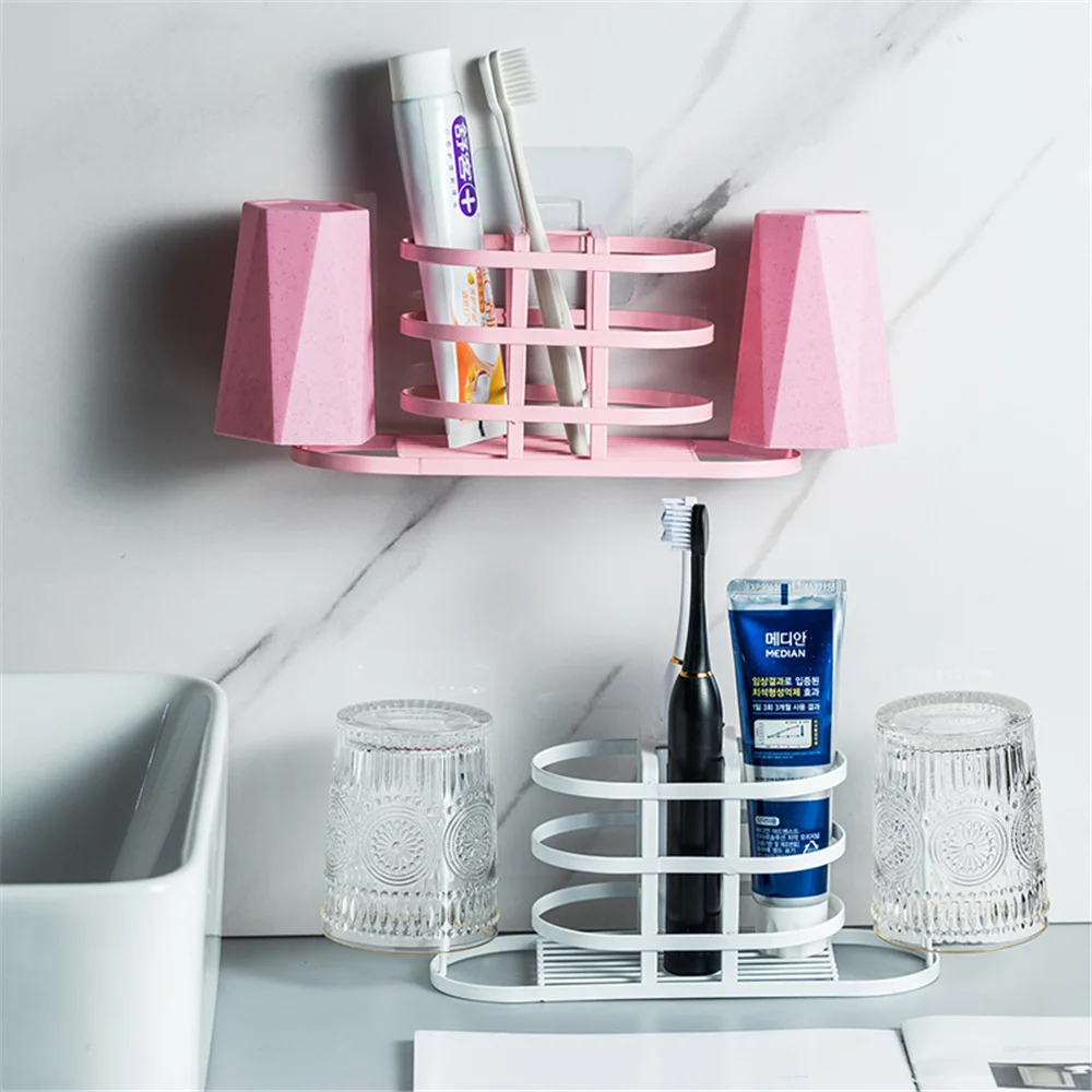 

Bathroom Metal Shelf Couple Toothbrush Cups Holder Wall-mounted Free-perforation Home Hotel Washstand Organizer Rack Stand