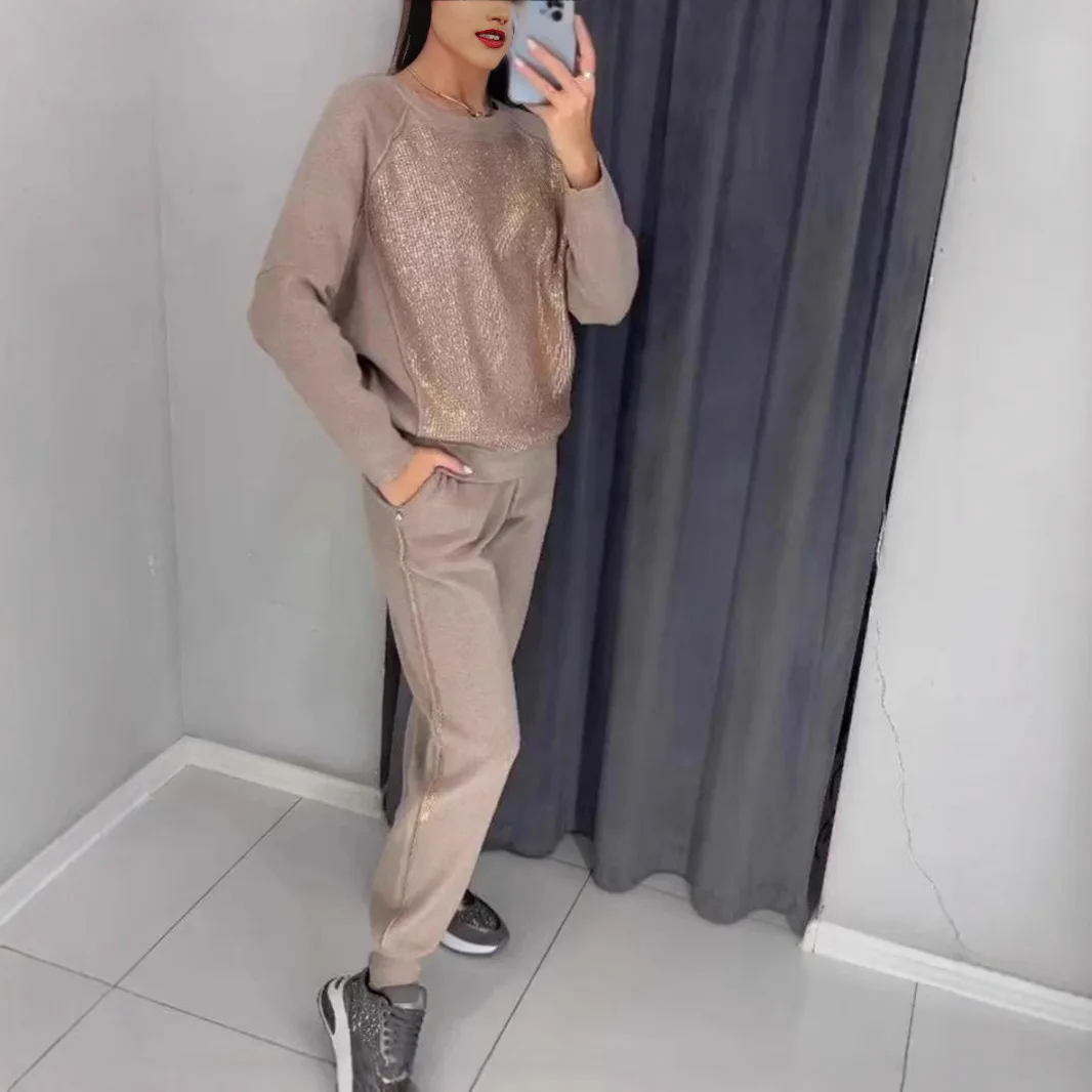 

2025 Spring Autumn Fashion Women's Solid Color Casual Trendy Loose Sports 2 Piece Sets Long Sleeve O-neck Tops Trousers Female
