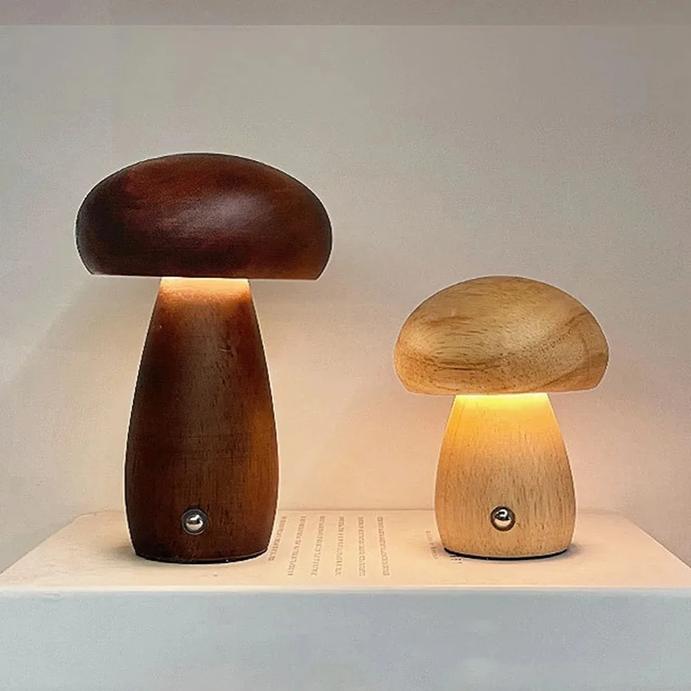 Bedside Table Night Light USB Rechargeable LED Mushroom Night Light Wooden Bedroom Sleeping Lamp Dimmable for Bedroom Study Room