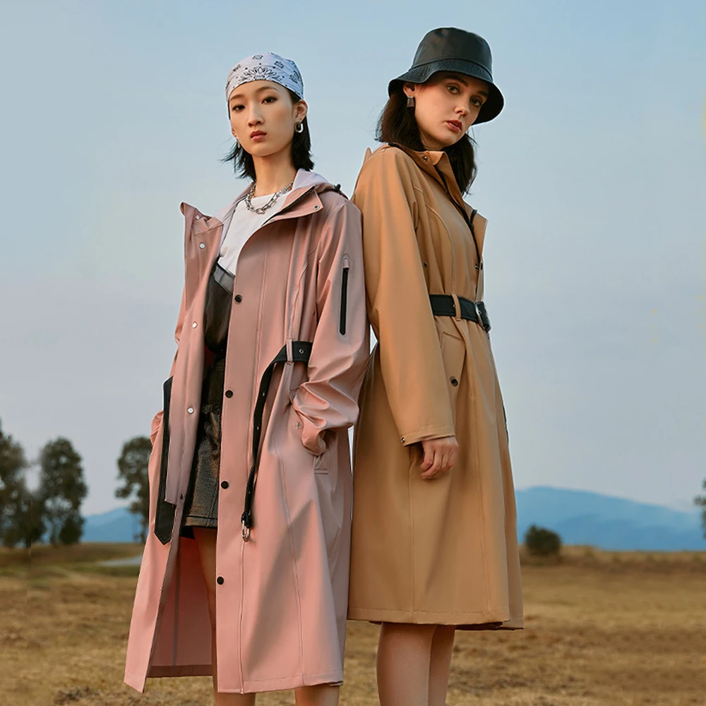 

Waterproof Long Trench Coat Women Fashion Elegant Waist Tie Raincoat PU High Frequency Knitted Fabric Rainwear