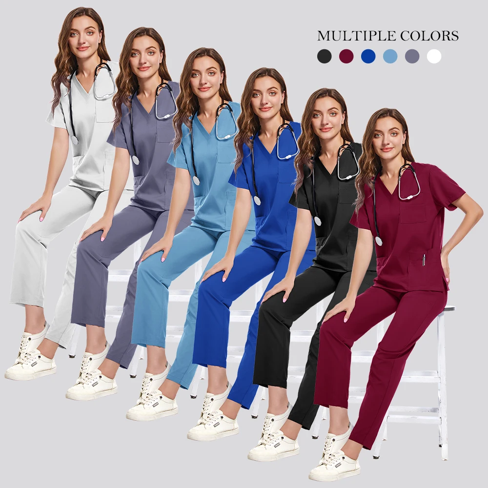 

New Nurse Uniforms Women Casual Pockets Top Straight Pants Set Pharmacy Clothes Medical Hospital Doctor Nursing Surgical Uniform