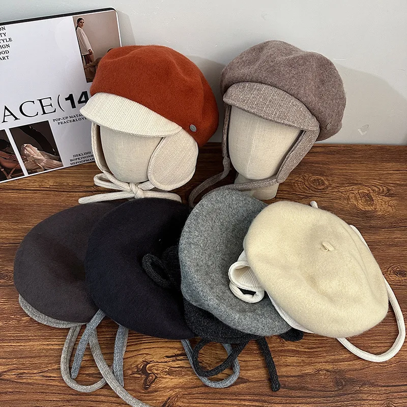 Personalized Splicing Woolen Retro Beret Korean Autumn and Winter Lace-up Ear Protection Flight Hat Warm Literary Newsboy Cap