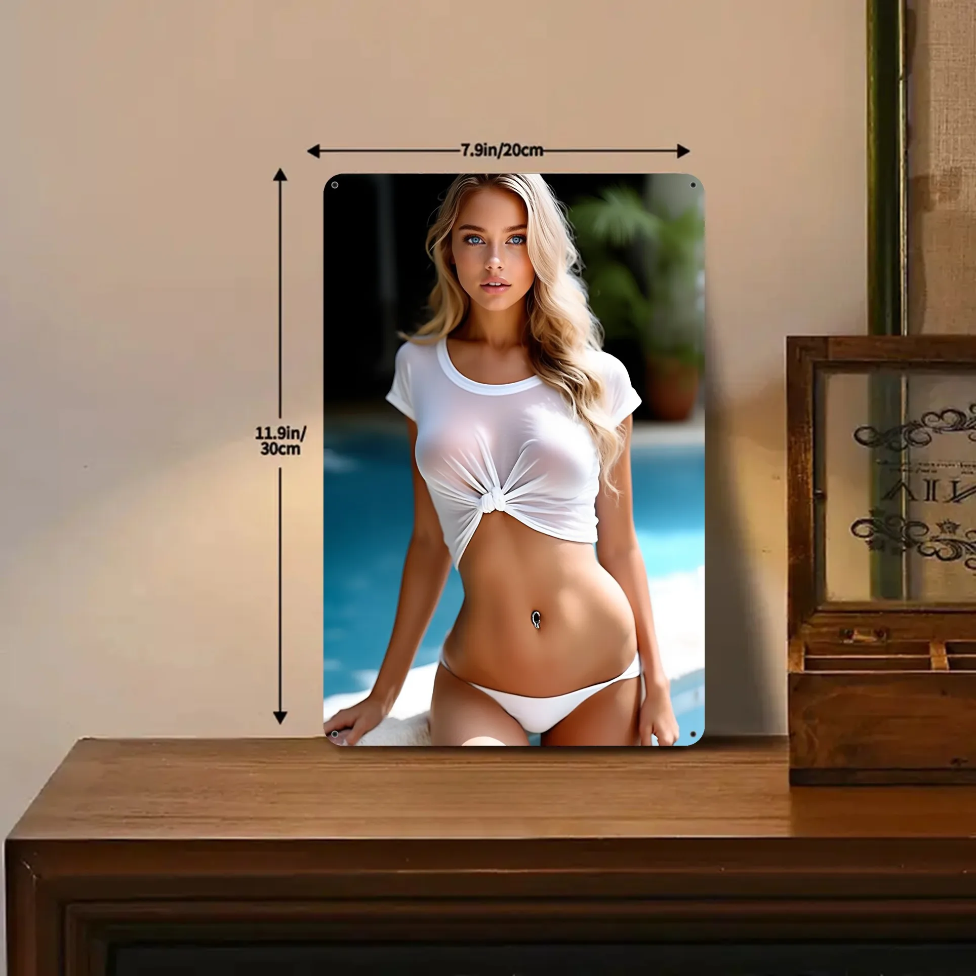 Vintage Metal Wall Art 8x12in, Sexy Bikini Beach Decor, Retro Pinup Girl Sign, Pre-Drilled Holes, Durable Iron, for Cafe Bar Hom