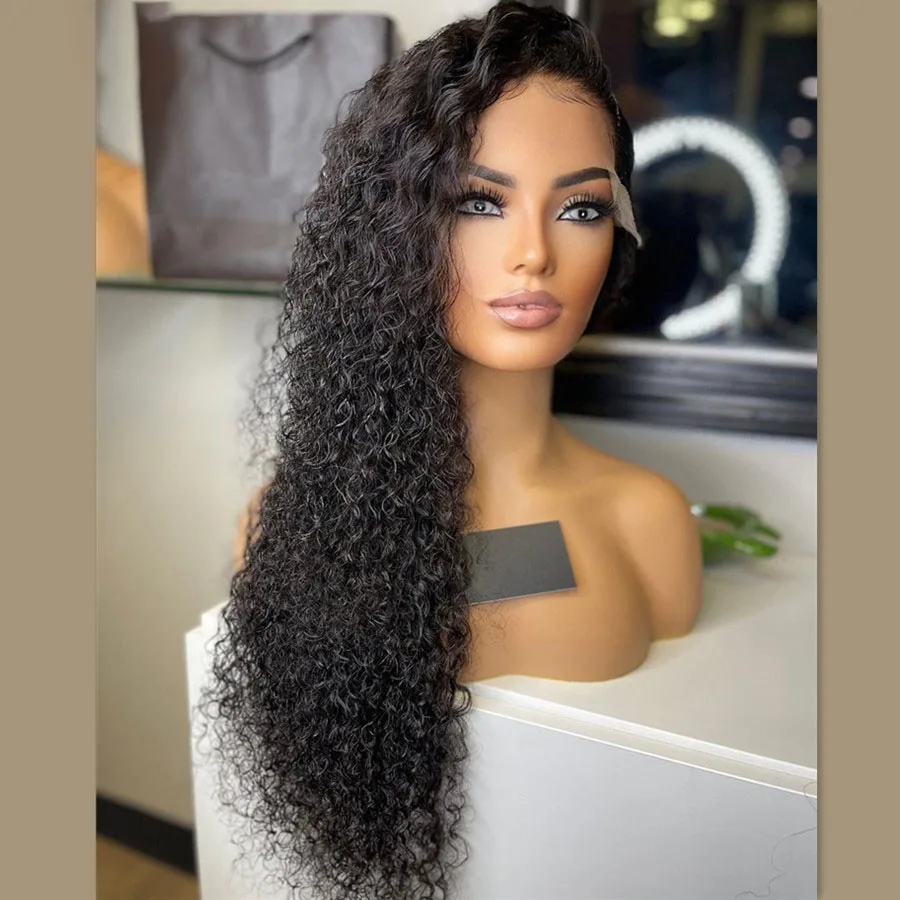 Мягкий бесклеевой натуральный черный парик 180 Плотность 26 дюймов Длинный странный вьющийся глубокий парик фронта шнурка для женщин с волосами ребенка предварительно выщипанные ежедневно