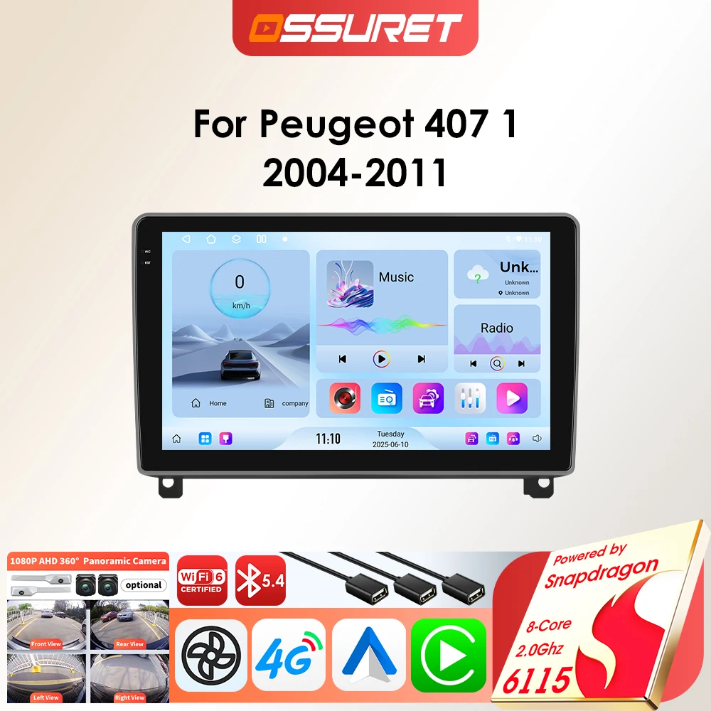 Image of OSSURET Android Autoradio für Peugeot 407 2004–2011 Multimedia Android Auto Auto GPS Carplay Autoradio Player von Snapdragon 6115