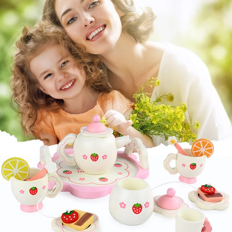 Wooden Afternoon Tea Cake Set Children Strawberry Pretend Play Kitchen Food Toys Imitation Game for Kids Early Educational Toys