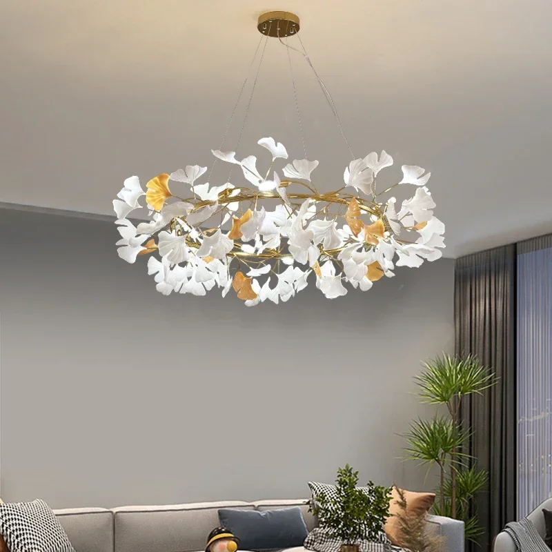 

Nordic Gingko Leaf LED Chandelier Modern Kitchen Living Room Bedroom Dining Room Round Interior Loft Ceiling Hanging Light