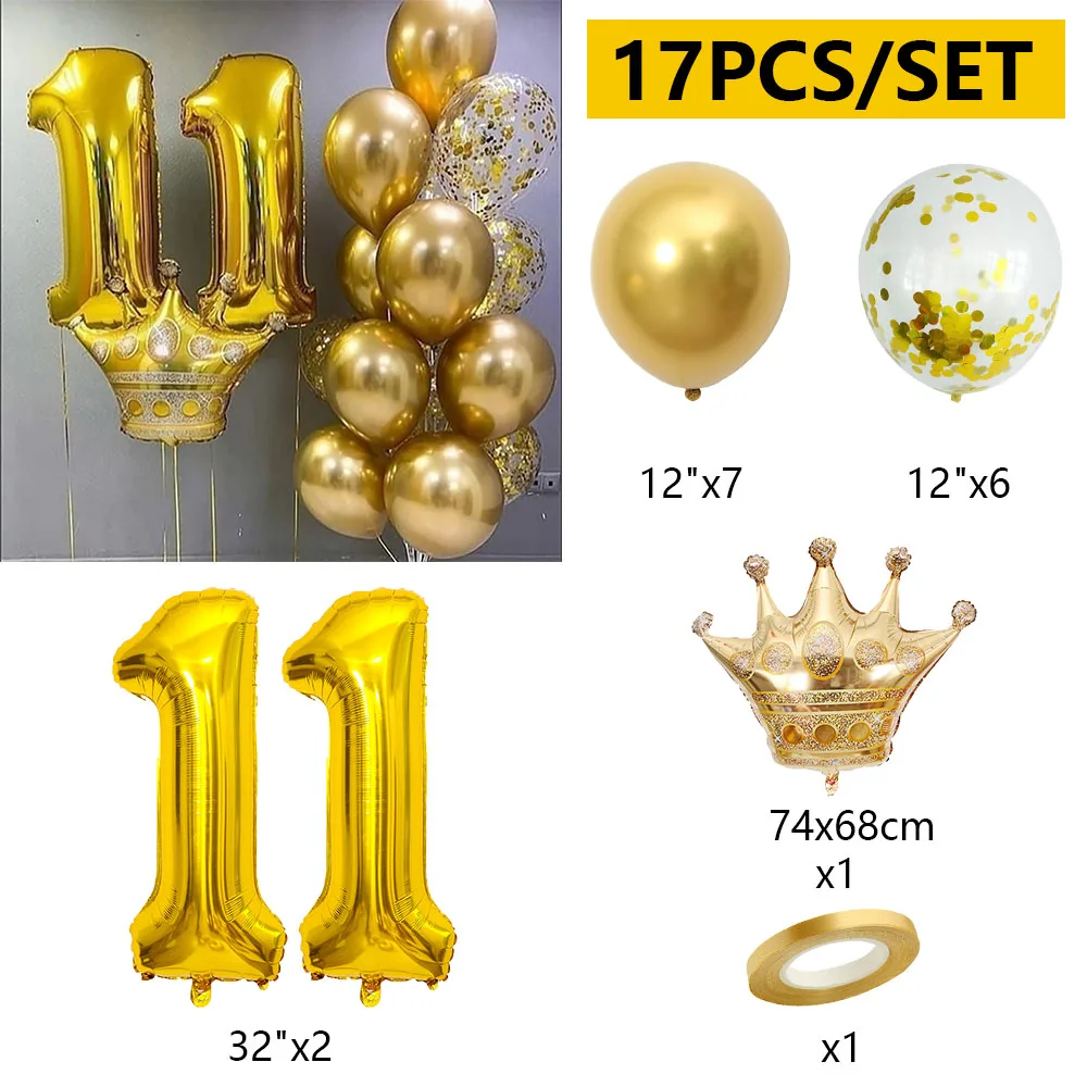 17pcs/set Kids 12 13 14 15 Years Old Girls Birthday Decor Balloon Gold Crown 32inch Number Foil Balloons Adult Parti Decor Balls