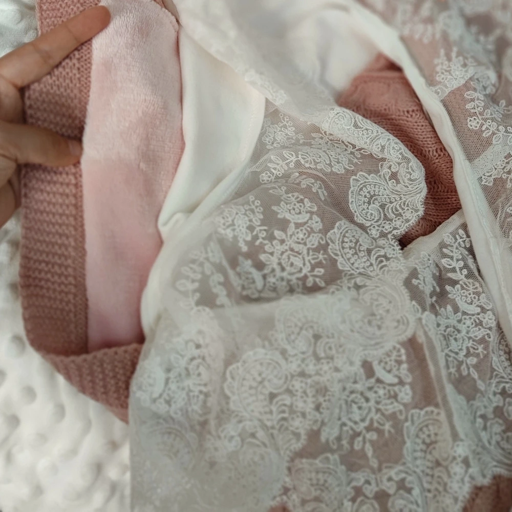 Infant Swaddle Blankets Soft Thick Fleece Knit Baby Girls Boys Stroller Wraps White Beading Boknot sash 9pcs Crochet Outfit set