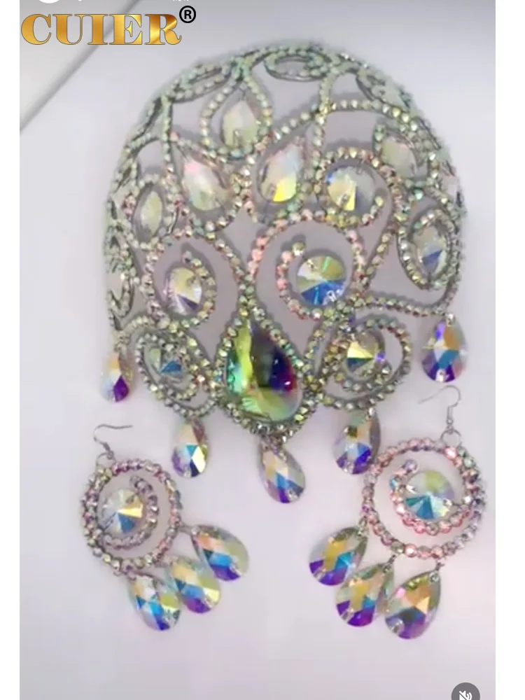CUIER Crystal Glass Rhinestone Drop Pendant Hat Hair Jewelry for Women Headpiece for Drag Queen for Stage Accessory