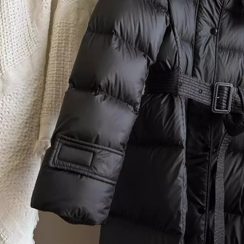 سترة شتوية طويلة رفيعة الخصر، معطف سميك أسود بقلنسوة، معاطف بينغهو النسائية الراقية 90% بطة بيضاء #5