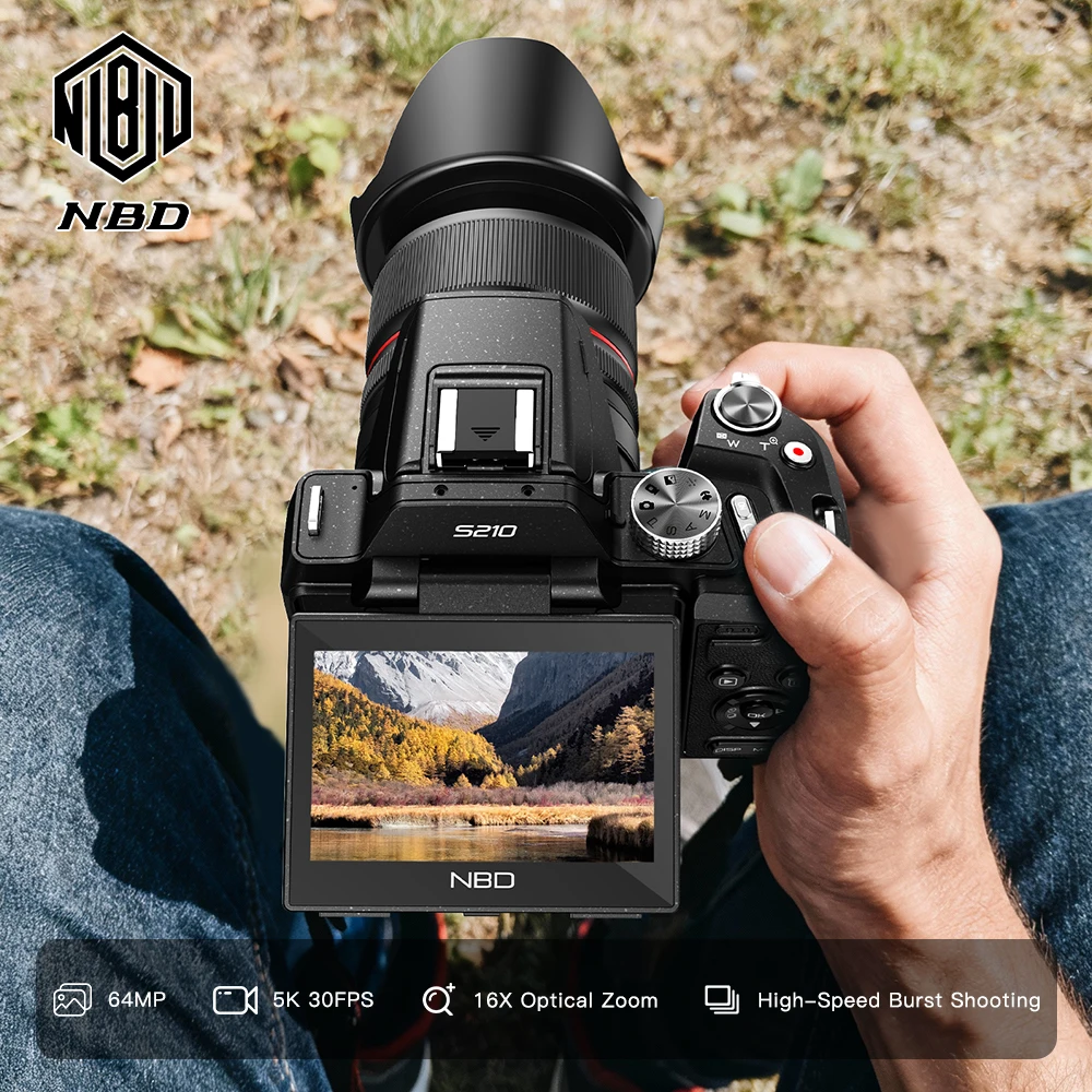 NBD 8K 디지털 카메라 64MP 16배 광학 줌 자동 초점 브이로그 카메라 플립 스크린 컴팩트 카메라 유튜브 소녀 선물용 S210F