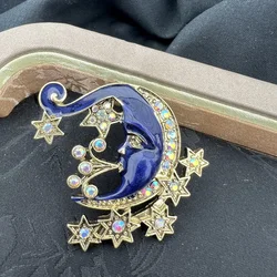 Vintage Dreamy Cute Delicate Heavy Blue Enamel Star Moon Brooch Large Size Luxury Jewelry Unisex Badges Retro Pins