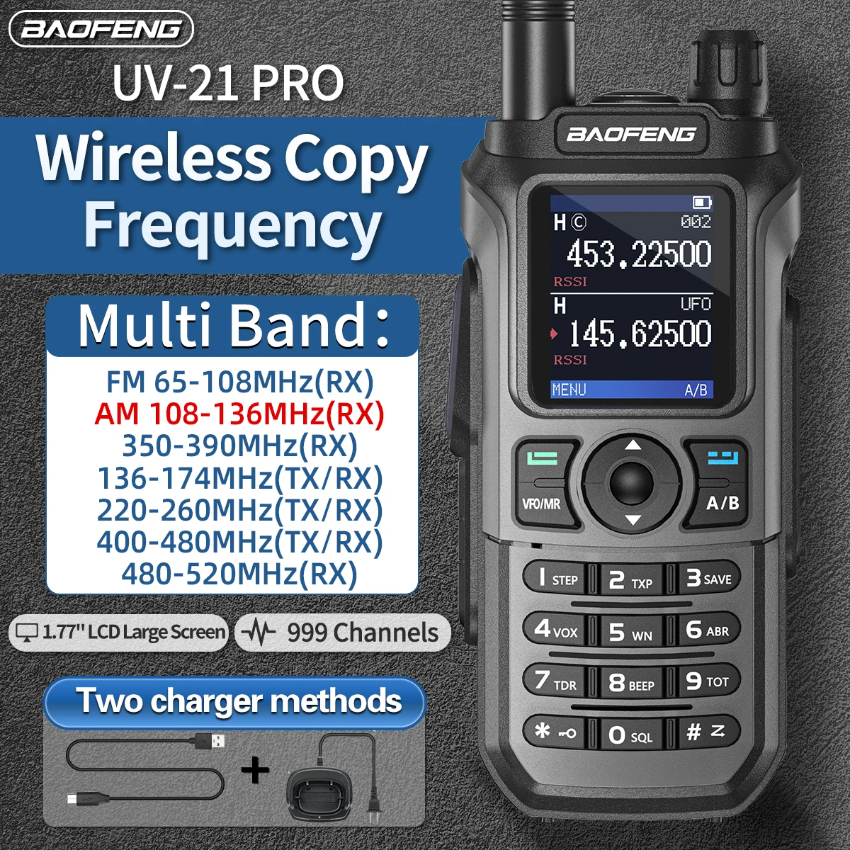 Baofeng UV 21 Pro Wireless Copy Frequency Walkie Talkie 16 KM AM Long Range impermeabile Multi-Band Type-C Charger Ham Radio UV 5R