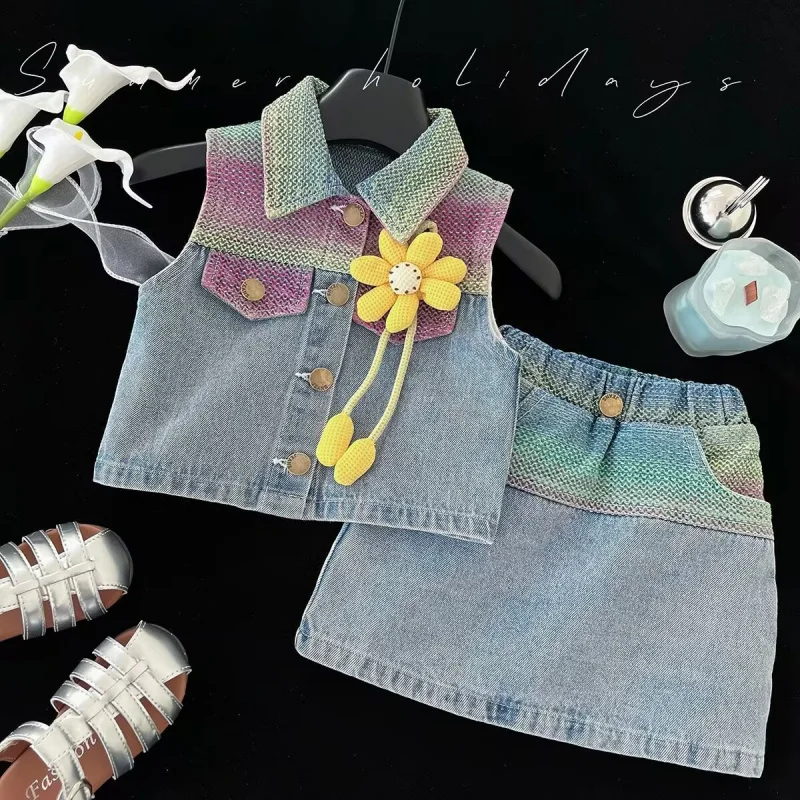 

Summer Girls' Denim Suit2025New Flower Soft Denim Vest Top Skirt Thin Two-Piece Suit