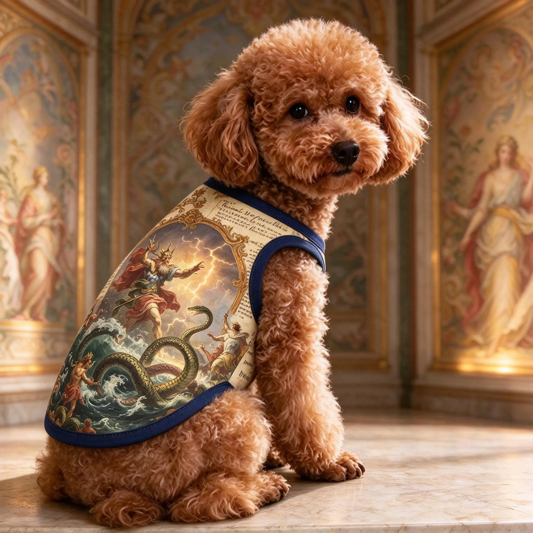 Pet Sleeveless Tank Vest, Retro Myth Figure Oil Painting & Vintage Text Print Lightweight Outfit for Dog Cat Daily Wear
