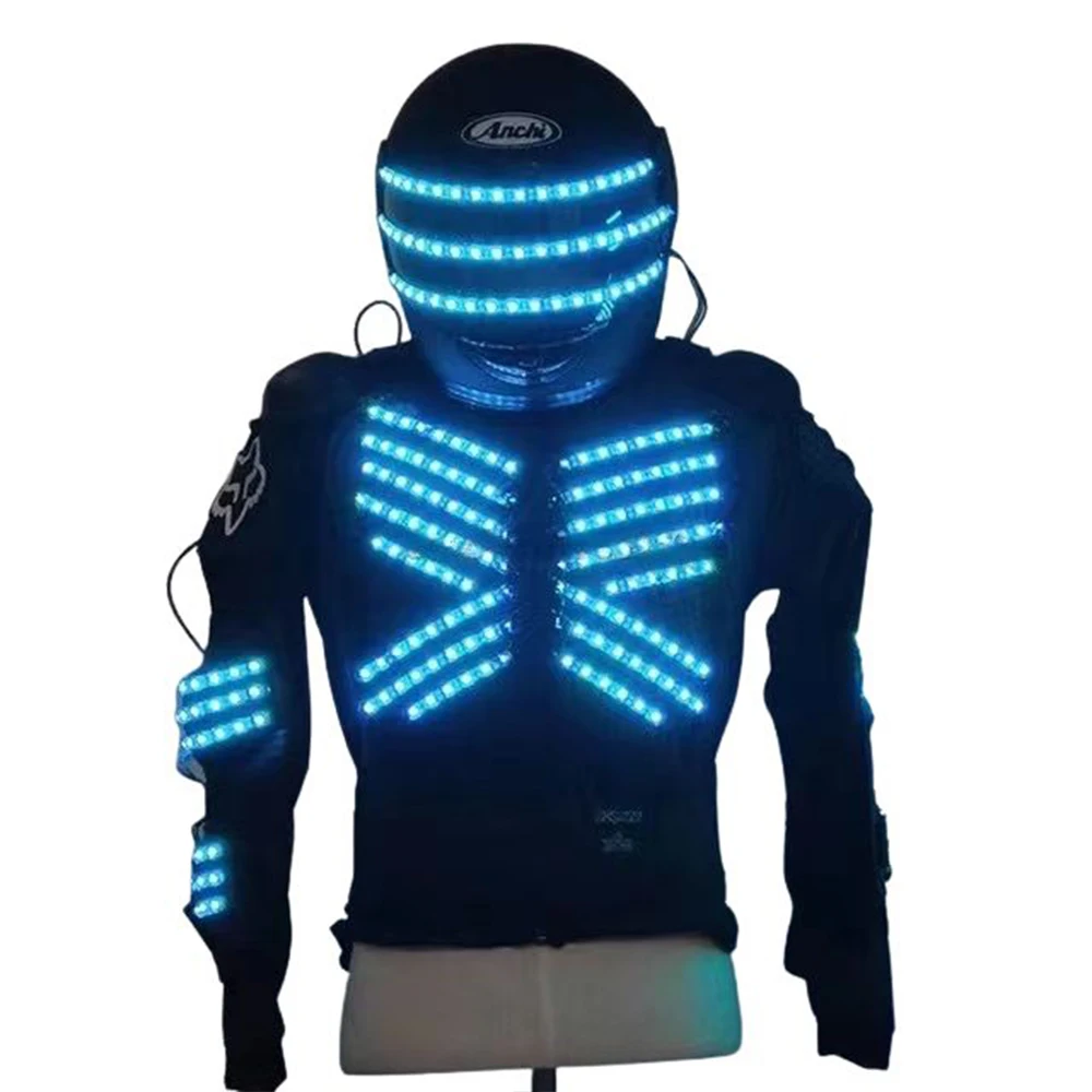

Hand Sewn LED Jacket Colorful Remote Control Luminous Armor Set Men Bar Wine Helmet LED Lighting Clothing Stage Costume