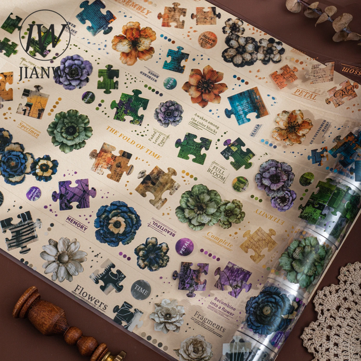 JIANWU Flower Shadow Fragment Set  Series Vintage Floral Puzzle Landscape Material Collage PET Tape Creative Journal Stationery