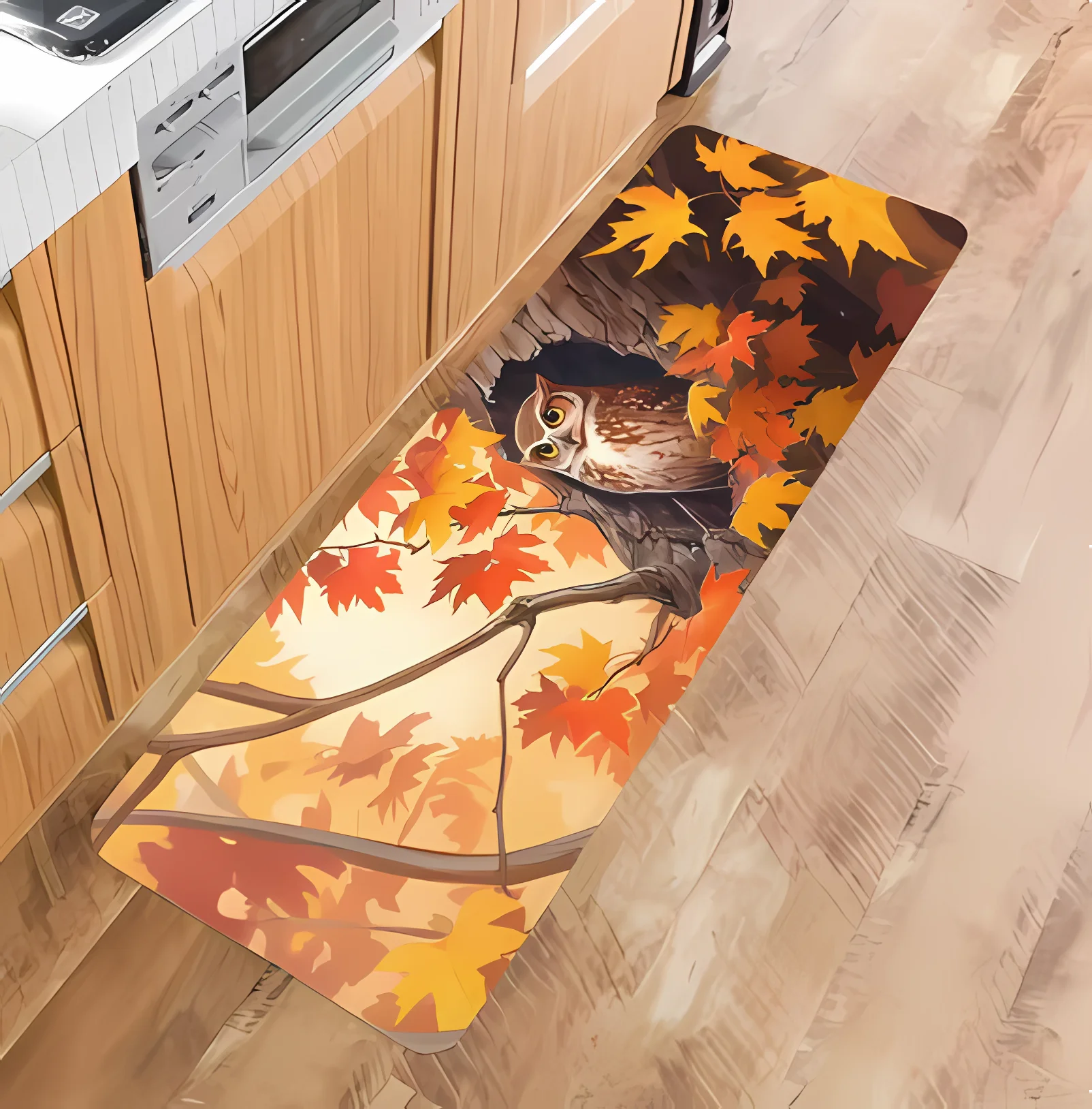 

Fall Owl Maple Leaves Kitchen Print Carpet Rug for Living Room Bedroom Home Sofa Decoration,Kid Area Rug Non-slip Floor Mat