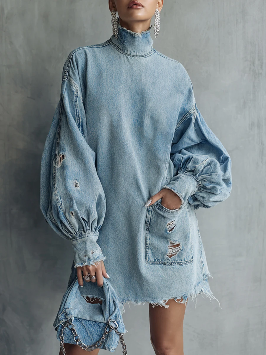 Mode rétro Denim Mini robe col haut lanterne manches poches trou robe haute rue ample bleu printemps automne robe de soirée
