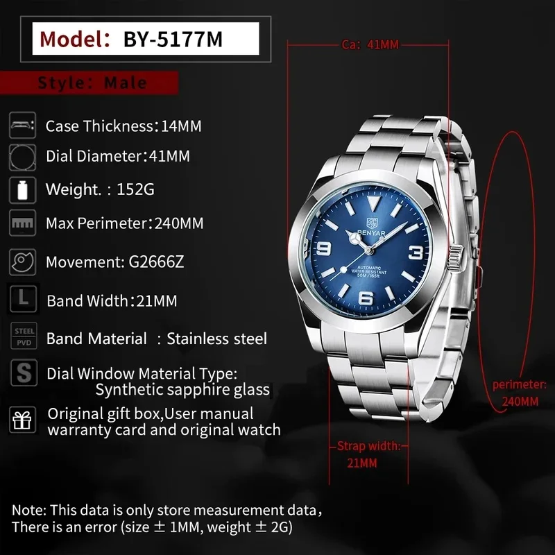 New BENYAR 41mm Men's Automatic Mechanical Watch Classic Blue Stainless Steel 50m Waterproof Luminous Male Business Wristwatch