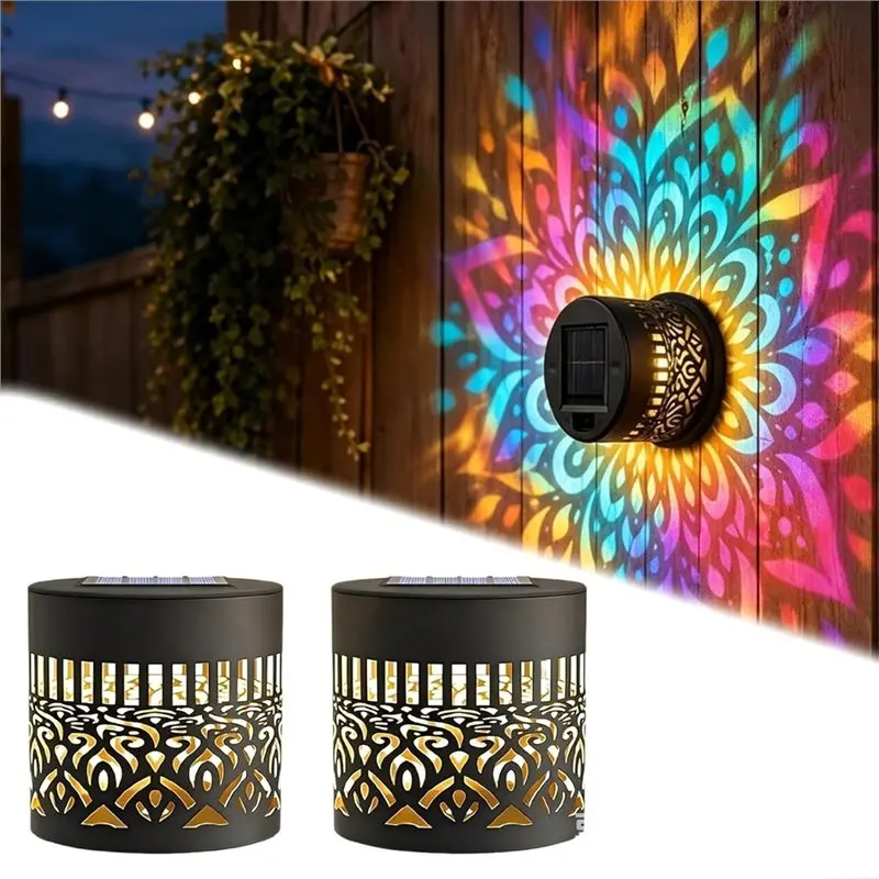 AB66-2PCS Solar Fence Lights Outdoor Solar Mandala Lights RGB Outdoor Deck Step Wall Lights For Terrace Backyard Garden Decor