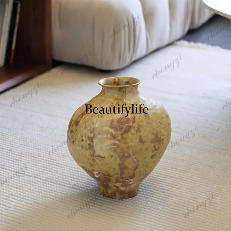 New Chinese-style big-bellied ceramic vase, wabi-sabi medieval homestay model flower arrangement, living room dining